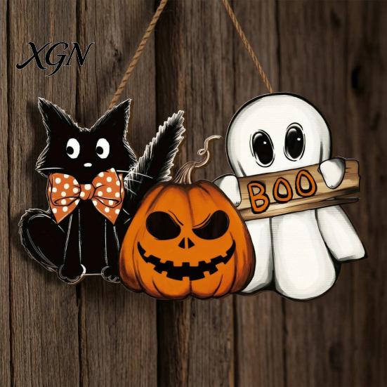 Boo Wall Art Signs Halloween Wooden Welcome Door Sign, Vintage Black Cat Jack-o-lantern Ghost Hanging Event Venue Supplies Decoration, Horror Hangings