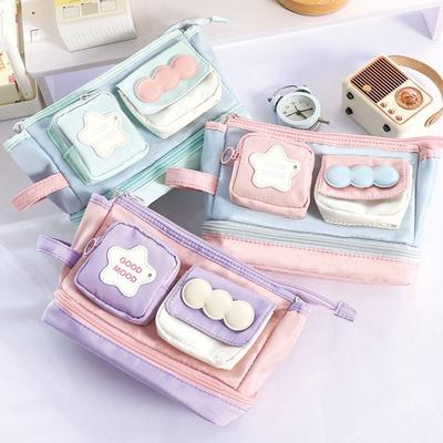 New Contrast Color Pen Bag Handheld Large Capacity Pencil Case Zipper Design Stationery Bag School Office