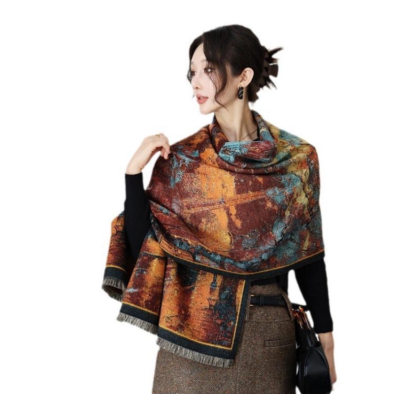 Street scene oil painting scarf women's retro versatile imitation cashmere jacquard shawl autumn and winter new thickened warm scarf