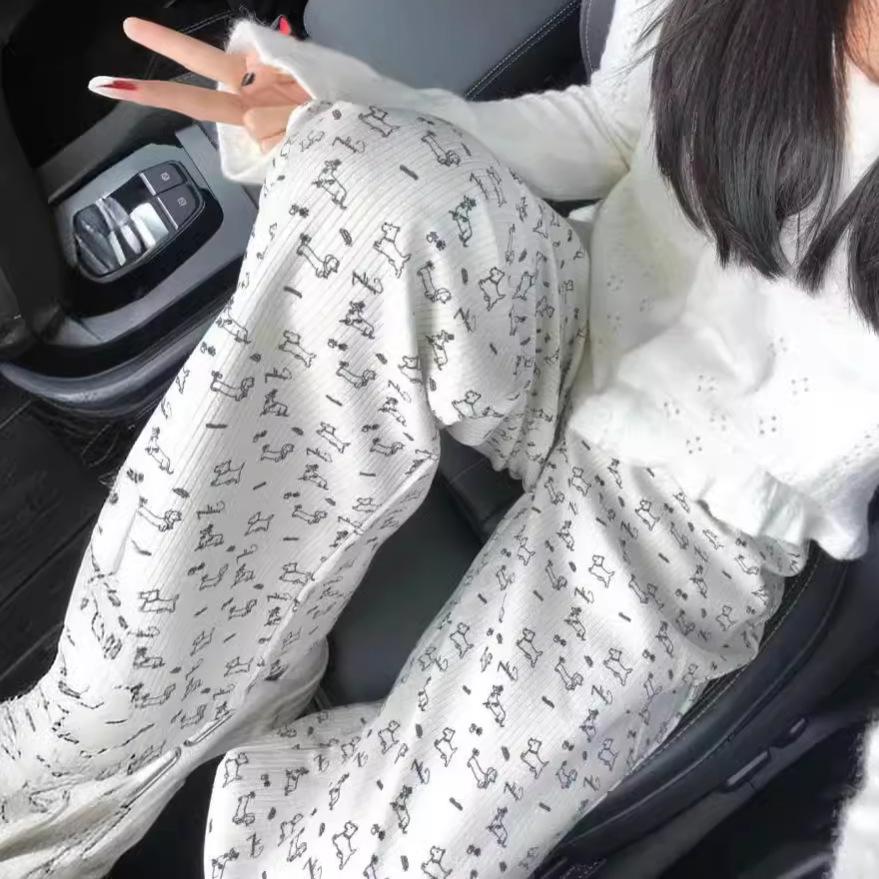 Cute Dog Ice Silk Wide-leg Pants for Women In Spring and Autumn New Loose Small Straight Casual Trousers for Women