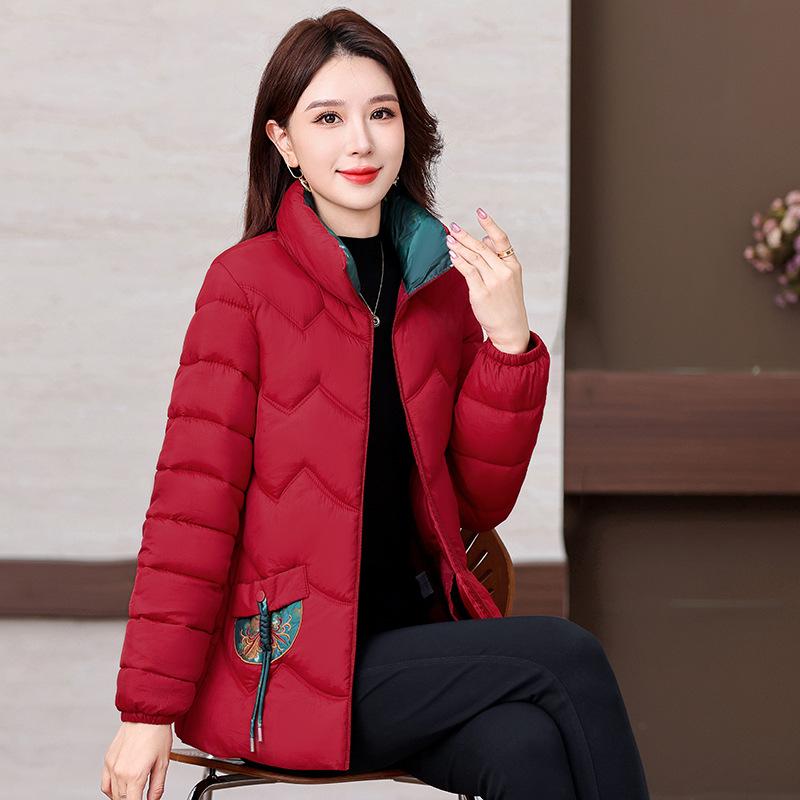 Middle-aged and Old Young Thin Cotton Jacket for Women Short Mother Autumn and Winter New Embroidered Stand-up Sewn Cotton Jacket