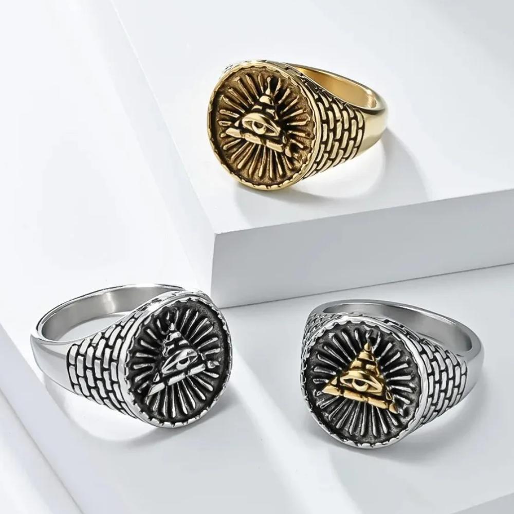 Retro Egyptian Triangle Pyramid Titanium Steel Ring Men's Eye of God Talisman Rings Jewelry Gifts