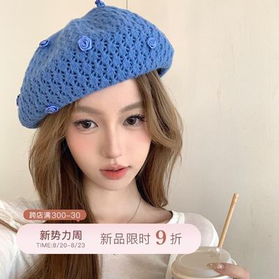 Rose Hollow Knitted Beret Women's Thin Face Small Painter Hat Versatile Big Head Circumference Hat Tide