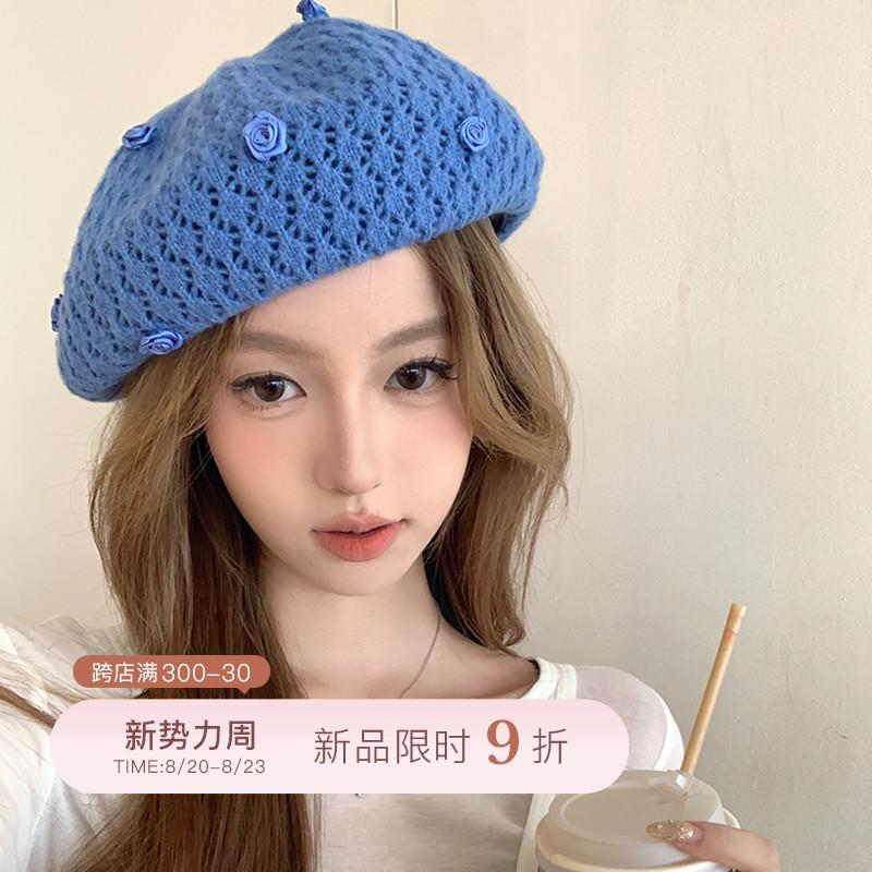Rose hollow knitted beret women's thin face small painter hat versatile big head circumference hat tide