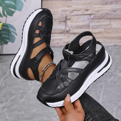 Sommer Plateau-Sandalen Taschenkopf Hohl Atmungsaktiv Große Größe Muffin Dicke Sohle Klettverschluss Sandalen