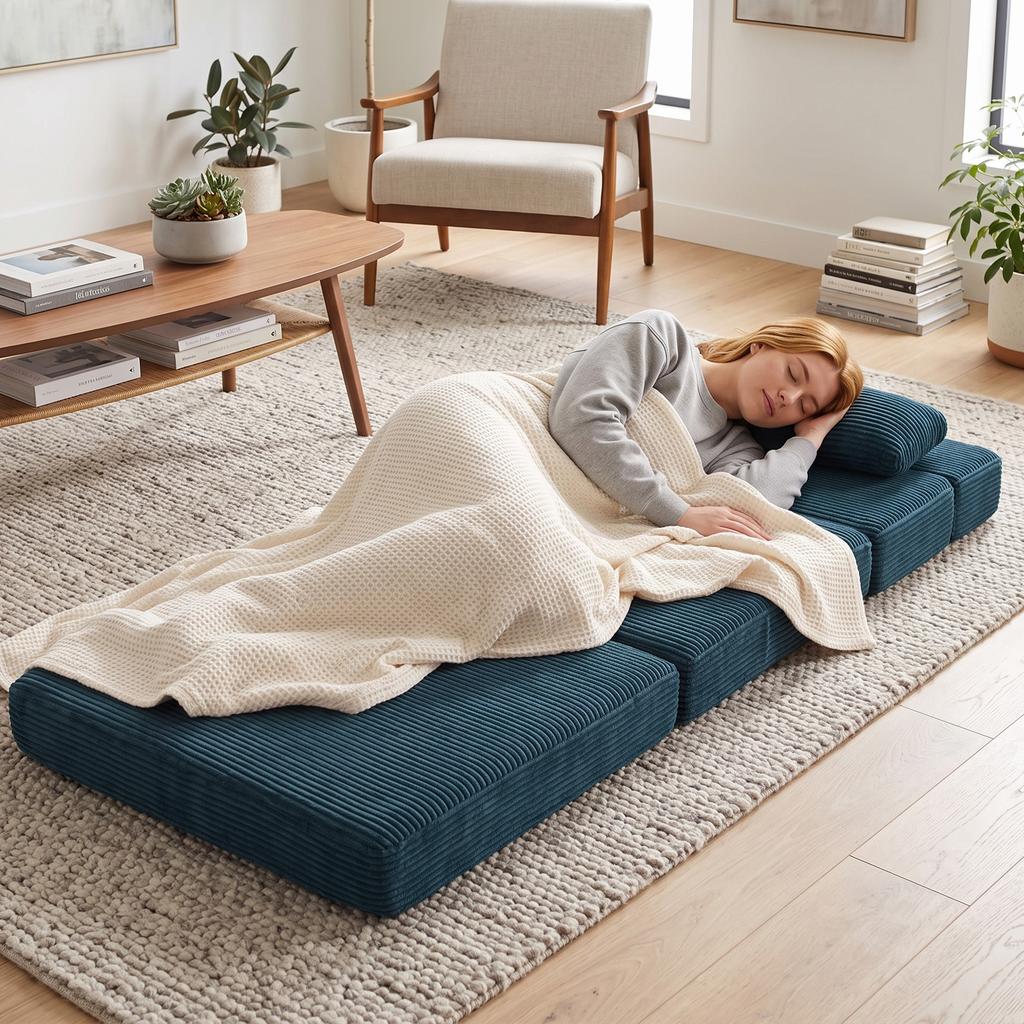 Folding Sofa Bed, 3-in-1, Convertible 1-Seater Chaise Lounge, Corduroy, Side Pockets, Pillow, Blue