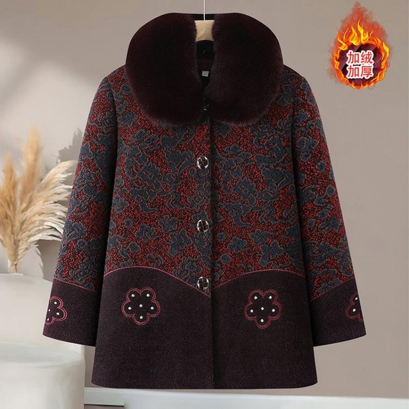 Elderly Autumn and Winter Women's Coat Mother Medium and Long Fur Collar Warm Mink Fleece Top Grandma Fleece Thickened Coat