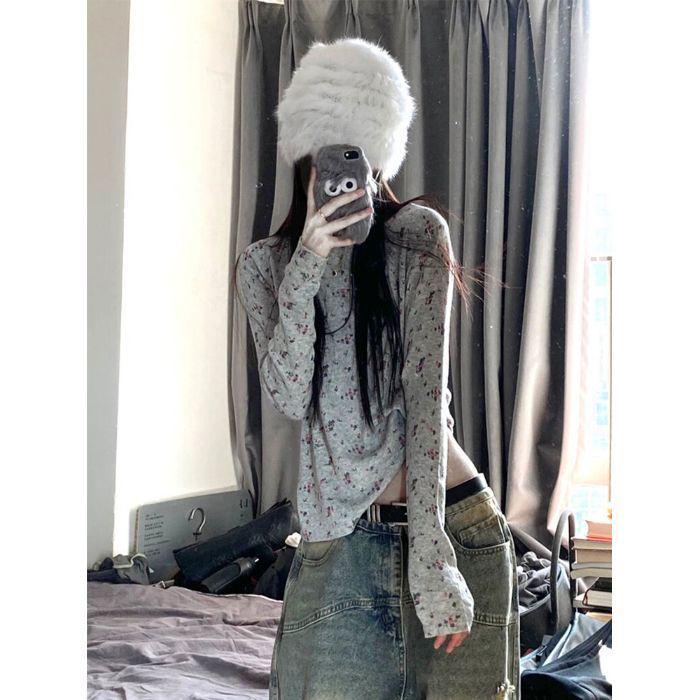 Women s Velvet Floral Long Sleeve Slim Fit Top - Autumn/Winter Round Neck Base Layer Large