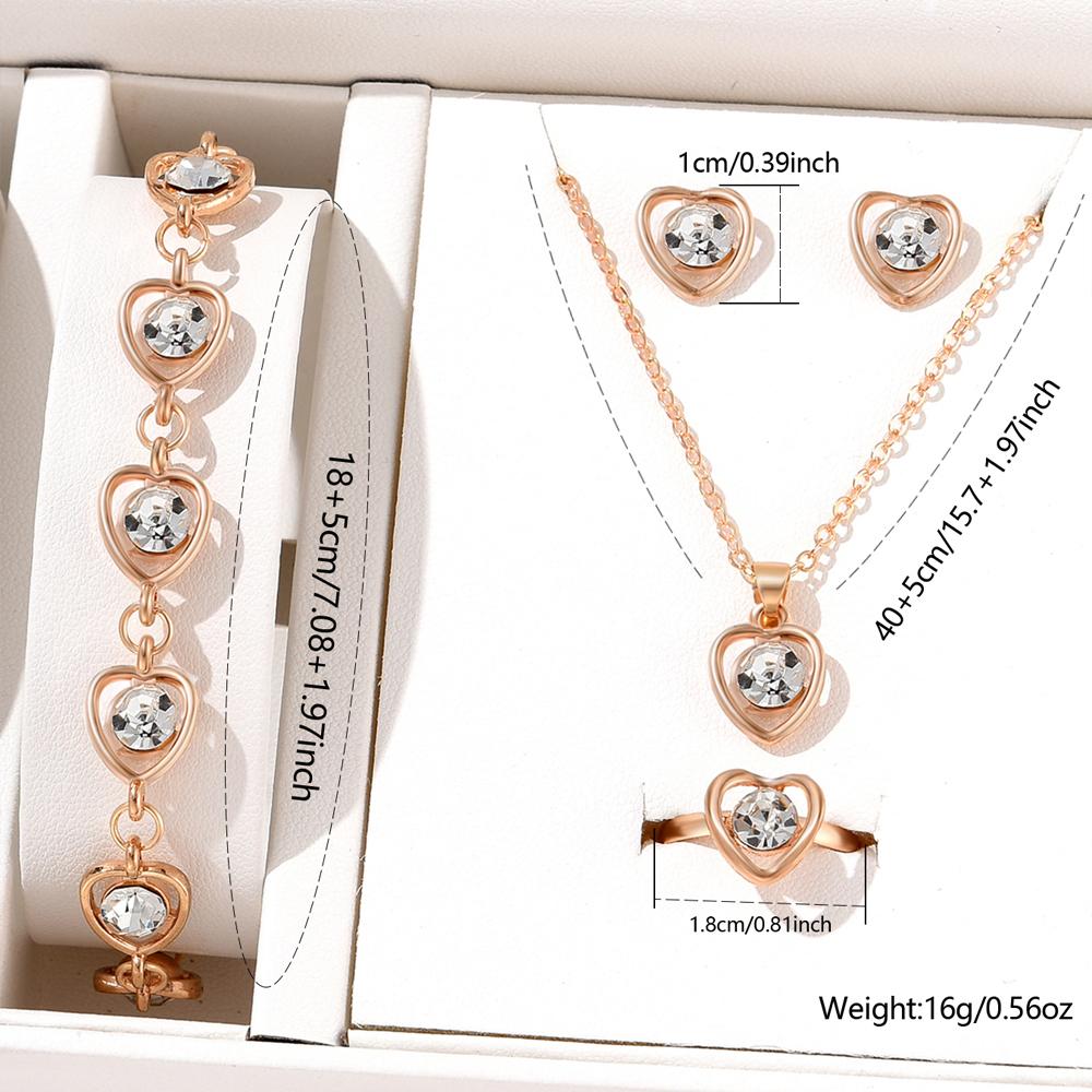 5 Piece Set Women Crystal Love Zircon Fashionable Elegant High End Peach Heart Necklace Earrings Rings Bracelets Necklace Set