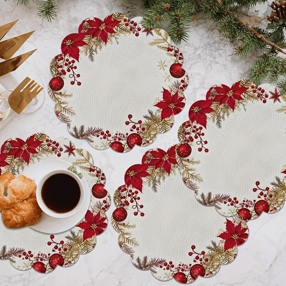 6pcs Easy Clean Red Berry Mat Non Slip Holiday Dinner Mat Christmas Table Placemat  Holiday Feast