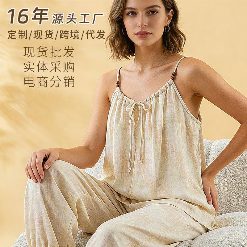Bamboo fiber pajamas women's summer new suspender trousers simple and fashionable  age-reducing loungewear suit