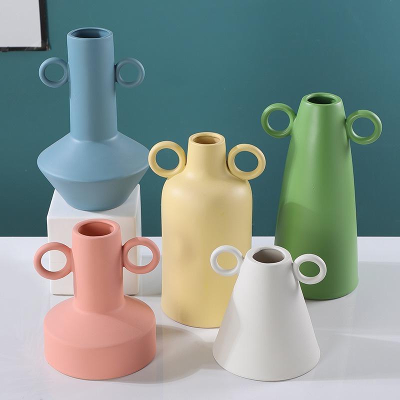 Ceramic Vase Geometric Circular Handle Ceramic Handicraft Plant Pot Floral Arrangement Accessories Home Decoration Vases