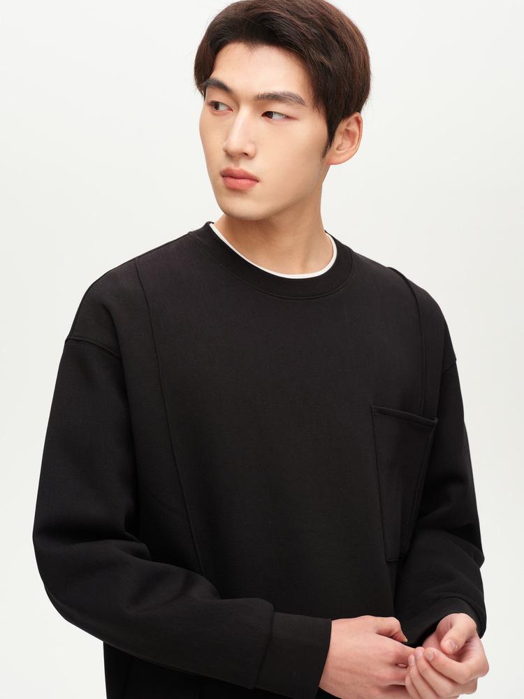 Men's Black Fleece-Lined Faux Two-Piece Round Neck Hoodie - 2025 Autumn/Winter Loose Pullover Top