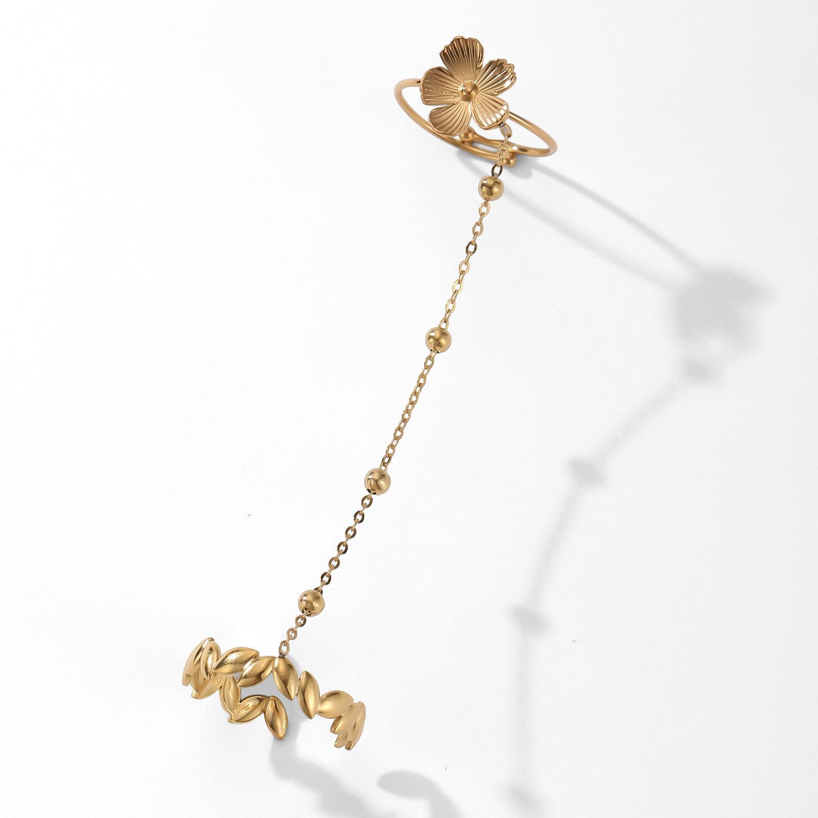 Mizhu Small Flower Double-Finger Chain Ring - Stainless Steel Chain Finger Ring