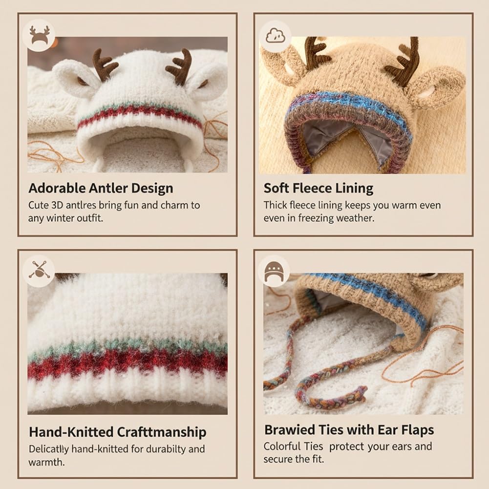 Knitted Reindeer Beanie Practical Christmas Elk Hat Convertible Reindeer Hat Warm Foldable Antler Cap For Family Photos Travel