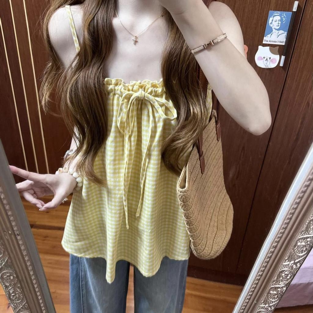 Korean Sweet Casual Vacation Suspender Summer Vest Drawstring Age-reducing Pleated Shirt Loose Niche Sleeveless Top