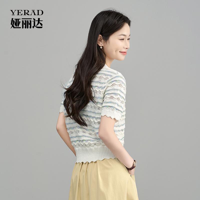 Texture hollow lace short-sleeved knitted shirt with breathable stripes for slimming, women's T-shirt
