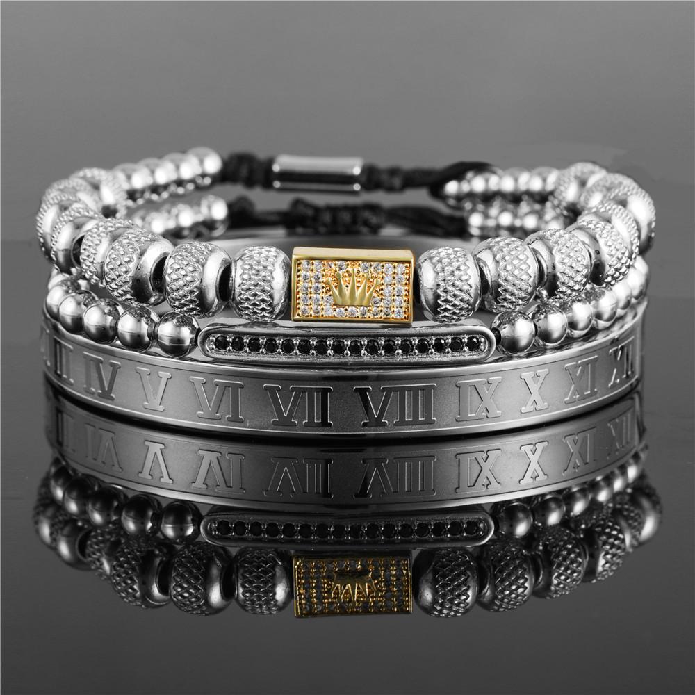 Vintage Crown Stainless Steel Bracelet Set With Letter And Number Charms For Men And Women