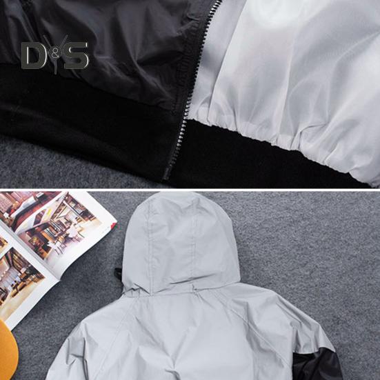 Men Autumn Windbreaker Hooded Drawstring Long Sleeve Reflective Color-Blocked Jacket Coat Zipper Placket Pockets Street Style Outwear