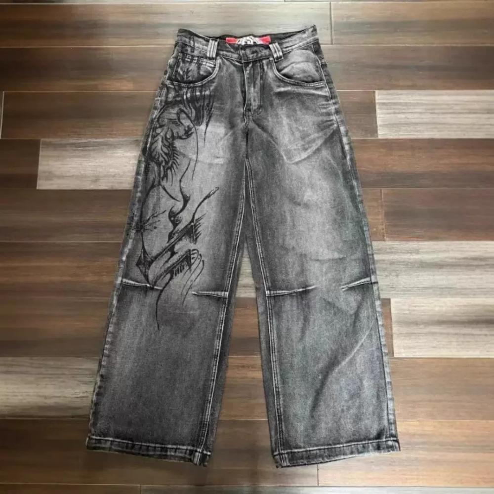 Zyllo American Harajuku Vintage Print Jeans Y2K Women Washed Gray Straight Pants Street Gothic Loose Unisex Trousers Tide XL