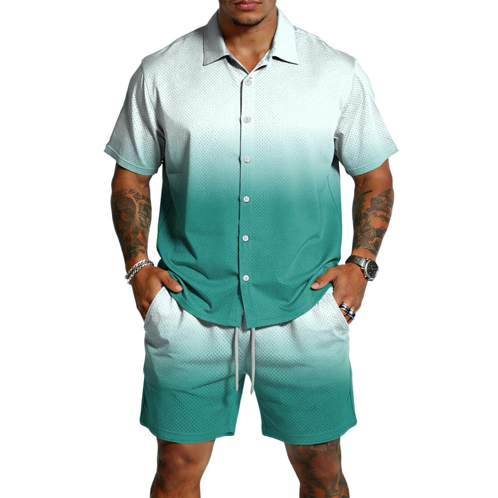 Men's Casual Short Sleeve Button Down Shirt and Drawstring Shorts Set Lightweight Breathable Summer Outfit with Gradient Design