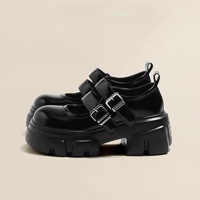 Thick-Soled Heightening Belt Buckle Single Shoes Small Leather Shoes Women'S Retro Black Mary Jane Shoes Tide