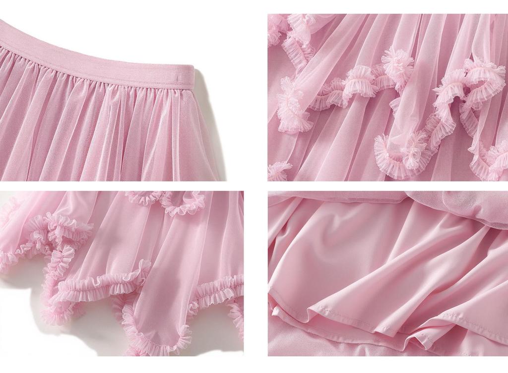 Women's Japanese Style Ruffle Mesh Midi Skirt - Fluffy Fairy Gauze with Wide Hem
