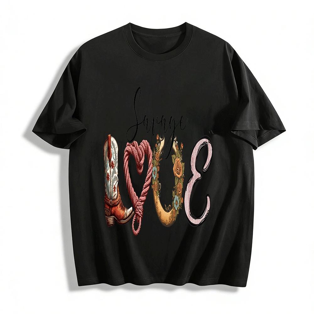 Western Style Knot Heart Cowboy Boot Print Top Pure cotton T-shirt XXS