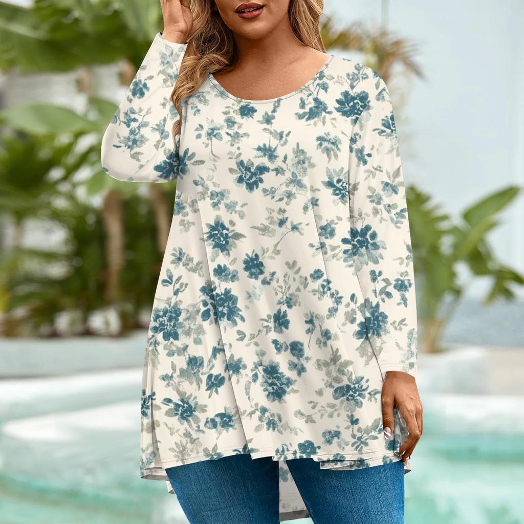 Women's Fashion Large Size Round Neck Long Sleeve Casual Print Loose Pullover Top