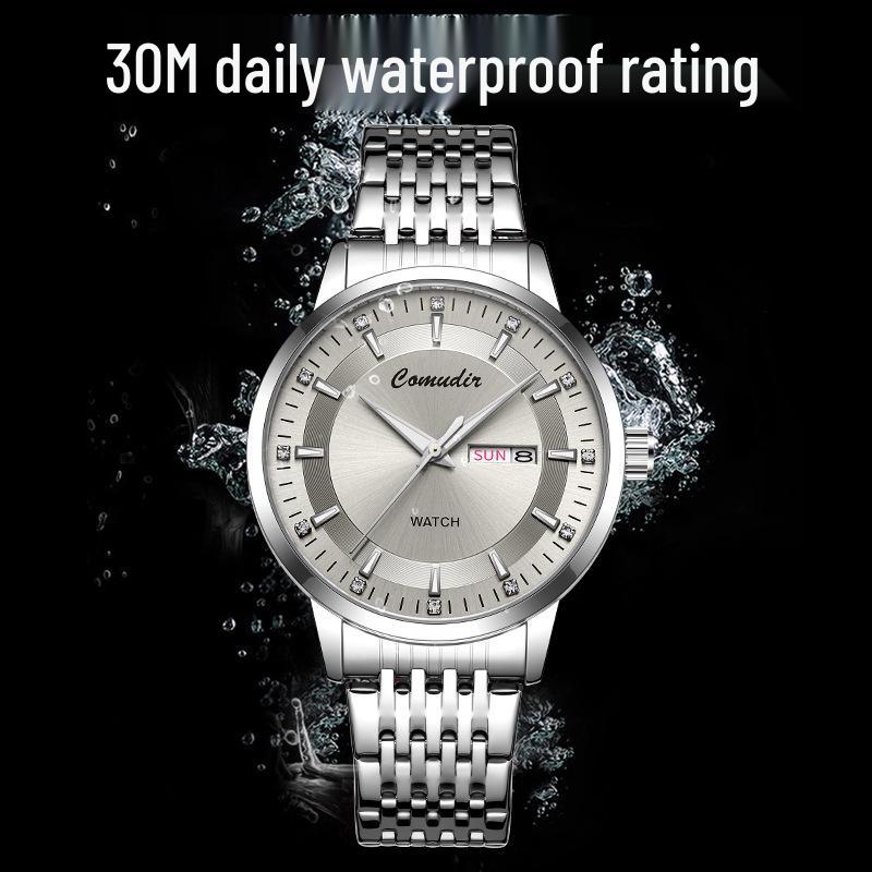 Men's Automatic Skeleton Watch with Steel Strap, Faux Mechanical Design, Calendar, Waterproof Features, Quartz Movement.