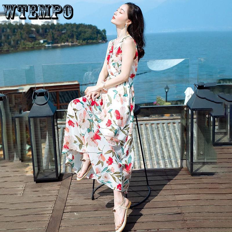 WTEMPO Women's Summer Halter Dress Beach Vacation Loose Print Beach Dress Floral Dress Bohemian Dress