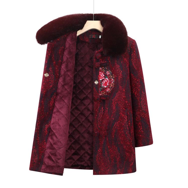 Grandma Autumn Mid-length Plush Thick Coat Wide Lady Autumn and Winter Wool Coat Elderly Winter Clothes Women