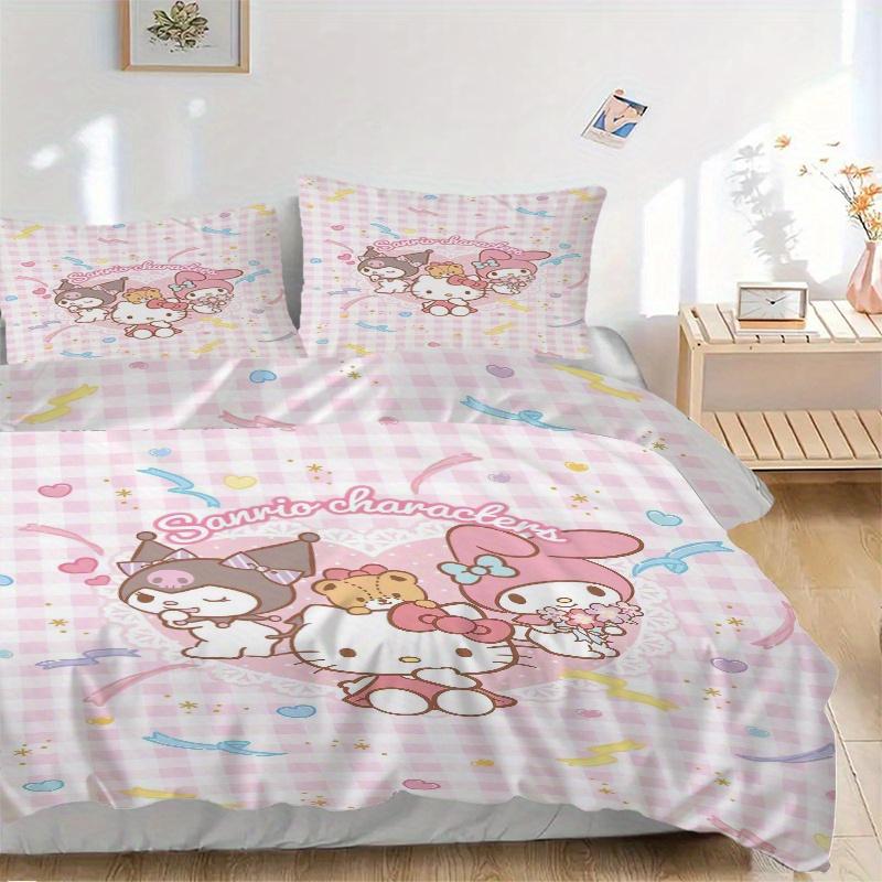 

3pcs Grid My Melody Hello Kitty Kuromi Bedding Set - Includes 1 Quilt Cover and 2 Pillowcases, Comfortable Bedding 135x200cm