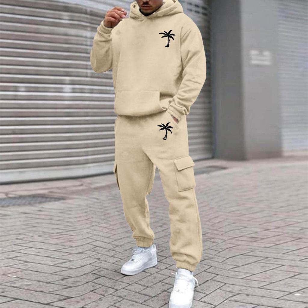 Men's Plus Size Hooded Sweatshirt and Sweatpants Set with Palm Tree Print Fleece Lined Loose Fit for Outdoor Sports and Casual Wear