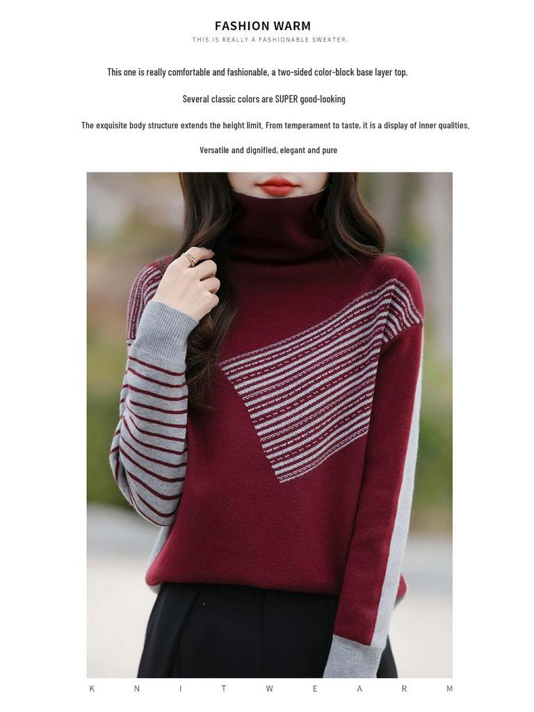 New Women's Color Block Turtleneck Knit Sweater - Loose Fit for Autumn & Winter