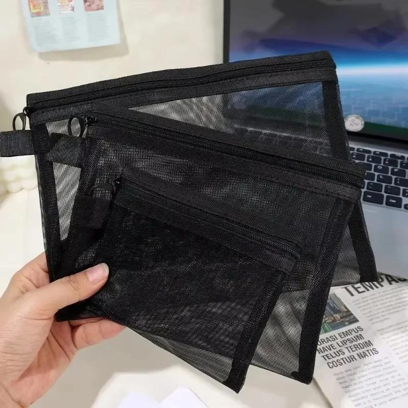 1/24Pcs Black Mesh Cosmetic Bag Toiletry Makeup Bag Large Case Organizer Cosmetic Cases Toiletries Storage Handbag Pouch 3 Sizes