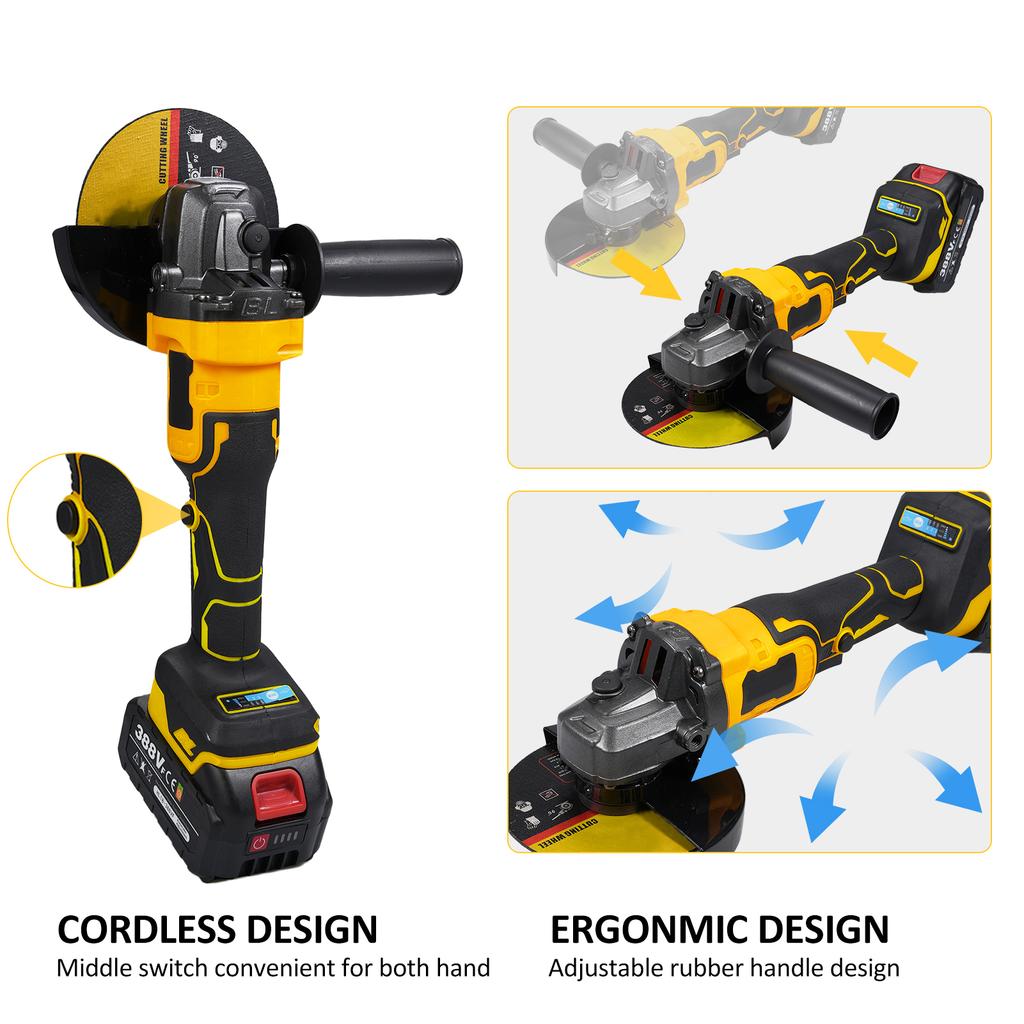 Angle Grinder Tool Cordless Angle Grinder 18V 10000RPM Powerful Brushless Motor Battery Grinder Tool for Cutting Polishing with Auxiliary Handle