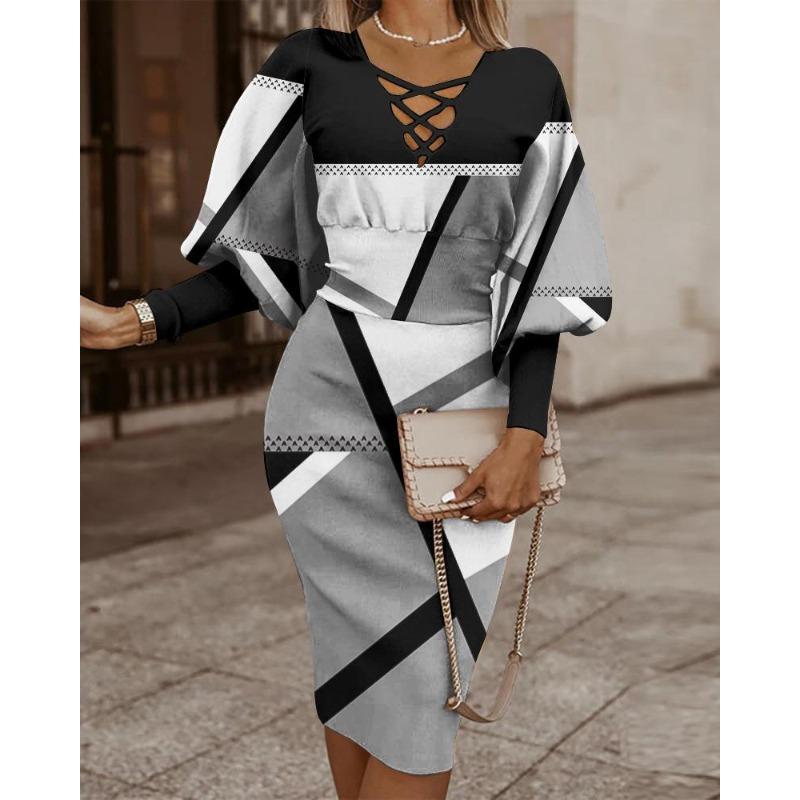 QICED Women's Fashion Autumn Winter  Long Sleeve V-Neck Casual Dresses
