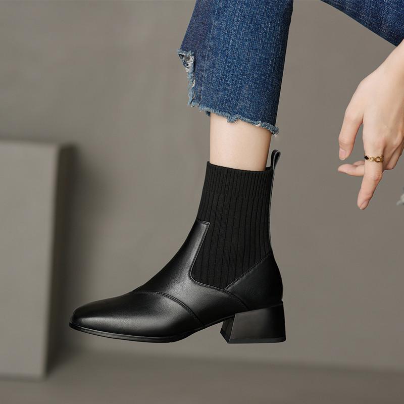 Popular Knitted Thin Socks Boots Retro Square Head Thick Heel Medium Heel Short Boots Spring and Autumn Martin Boots Bare Boots Women