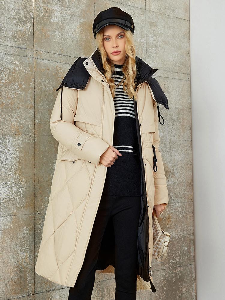 PINK CHIC 2025 New Winter Coat Women Down Jackets High Quality Rhombic Warm Lace up Hooded Long version Female Parka W6553