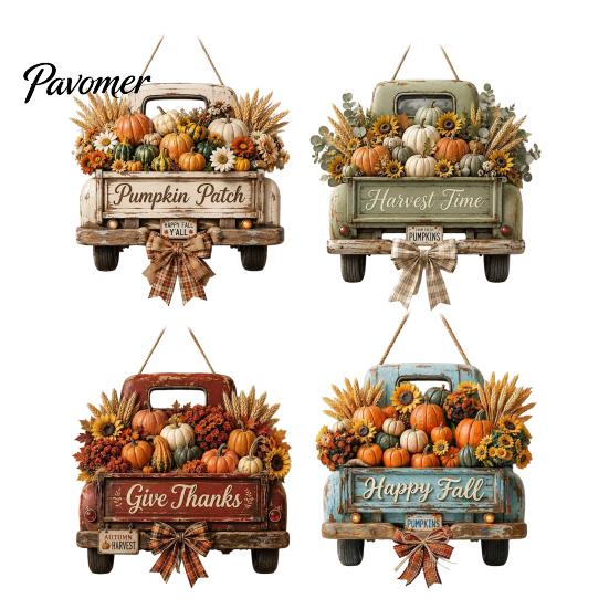 Wooden Autumn Welcome Sign Harvest Pumpkin Truck Hanging for Front Door, Fall Door with Rustic Farmhouse Thanksgiving Decor Hemp Rope, Distressed