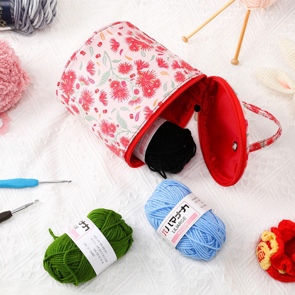 Floral Pattern Yarn Storage Bag Waterproof Yarn Holder Sewing Storage Bag Zipper with Handle Strap for Wool and Needles Storage