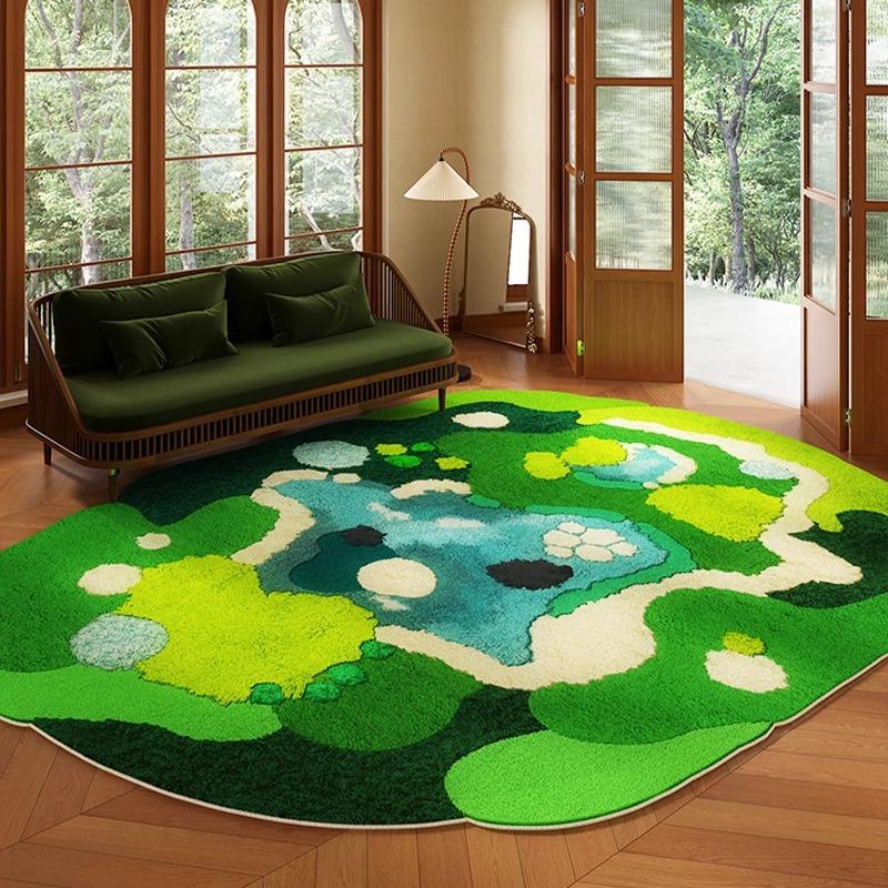 Green Living Room Rug Irregular Short Velvet Non-slip Floor Mat Bedroom Bedside Carpet Floral Retro Home Decor Teppich Alfombra