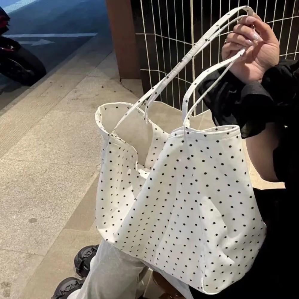 Fashion Canvas Polka Dot Tote Bag Versatile Portable Handbag Large Capacity Shoulder Bag Women