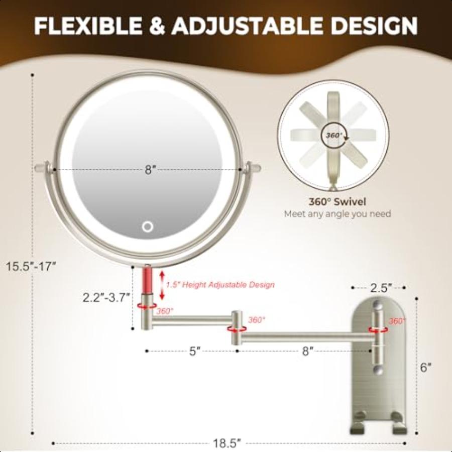 

8 Wall Mounted Lighted Makeup Mirror 3000mAh Rechargeable Double Sided 1X 10X Magnifying Mirror with Hook 3 Color Lights Touch United States