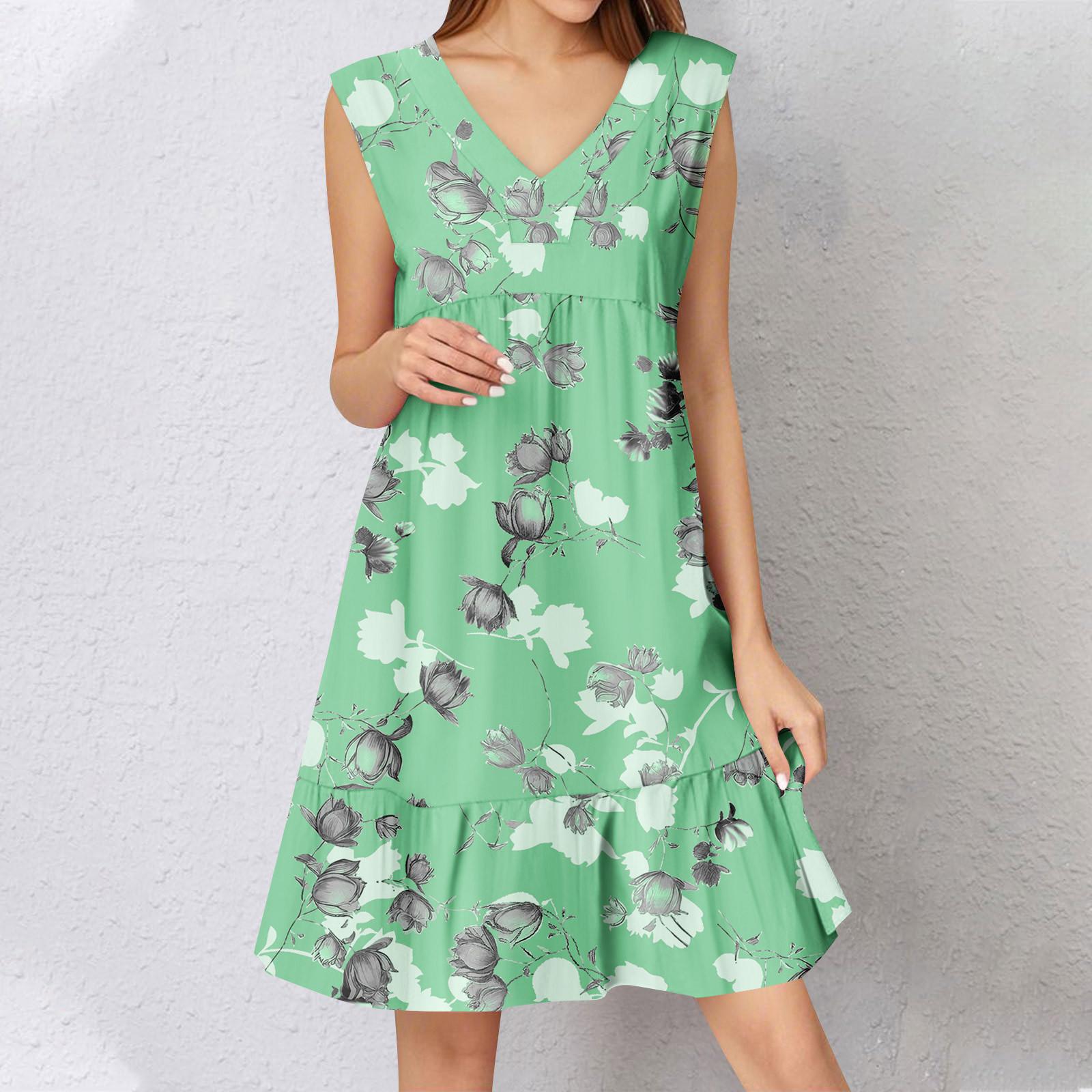 Женское летнее платье без рукавов с V-образным вырезом и принтом, короткие платья, модное повседневное струящееся бохо-платье с оборками, свободное платье-сарафан XXL