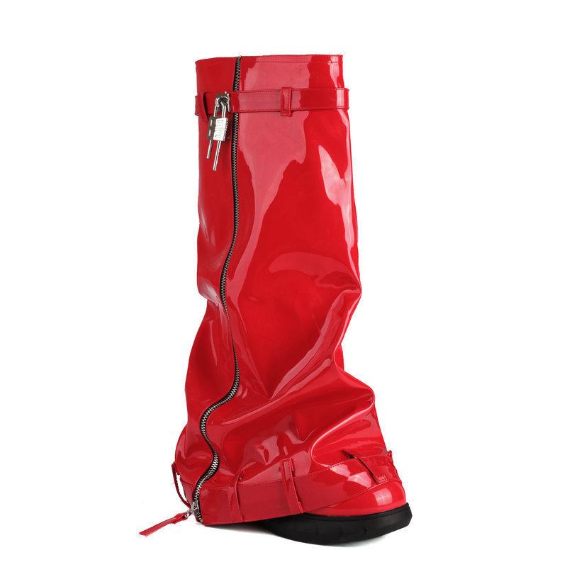 New Women's Tall Boots Patent Leather Thick-soled Round Head Large Size Boots Belt Buckle Wedge Trousers