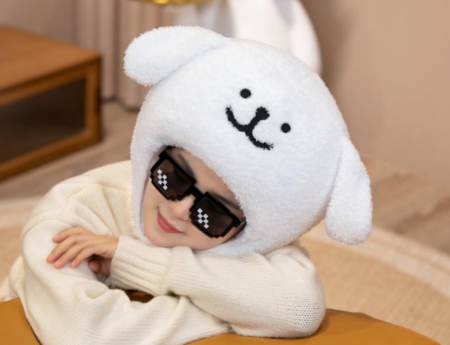 DOKiDOKi Dog Hat Cosplay [White] Dog Transformation Mask Halloween Headwear Plush Kigurumi Headgear Fluffy Cute Halloween [Used]