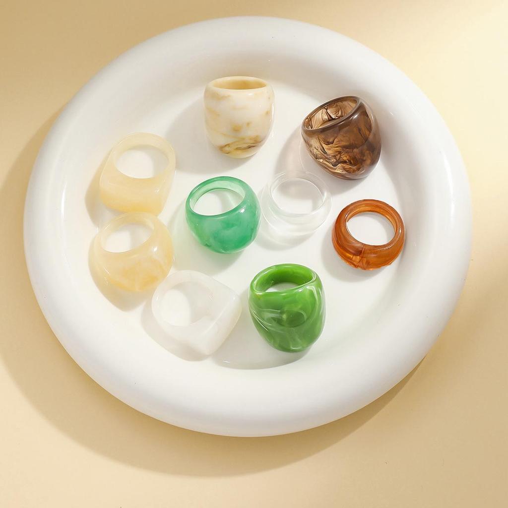 9-Piece Colorful Wide Band Resin Ring Set: Simple, Cute, Fashionable, Versatile, Popular European and American Style.