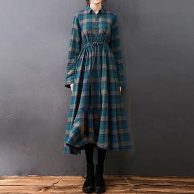 Women Dress with Belt V-Neck Long Sleeve Plaid Pattern Midi Dress Retro Style Spring Summer Fall A-Line Dress